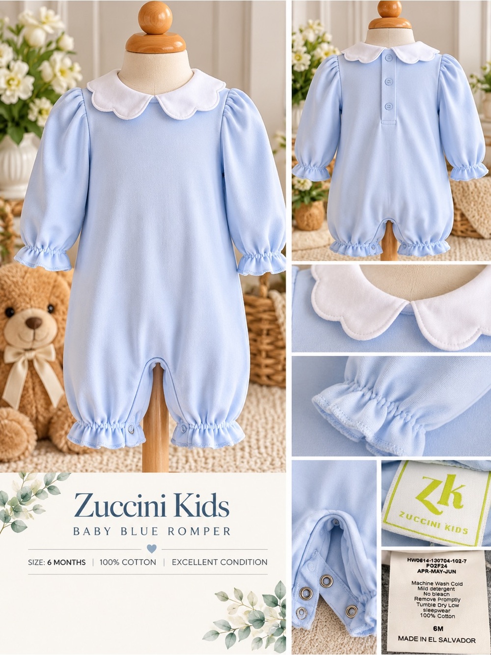 Zuccini Kids Baby Blue Scalloped Collar One-Piece Romper